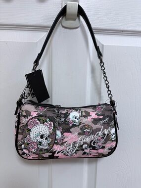 NWT Ed Hardy Pink Camouflage Skull Print Shoulder Bag
